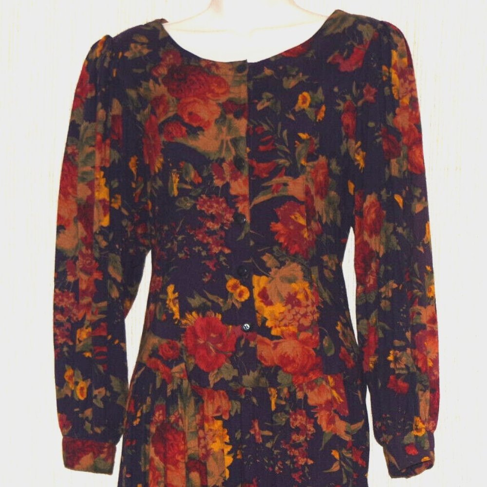 Phool Rayon Purple Floral Long Sleeve Button Front Midi Dress Size:L